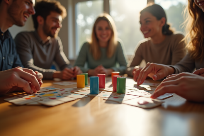 Groupe d'amis jouant au Rummikub autour d'une table en bois