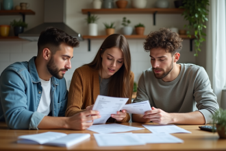 Trois jeunes adultes discutent de leurs factures dans la cuisine