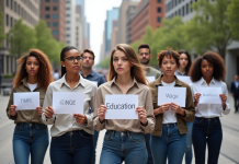 Inégalité des sexes et autres formes d’inégalités : quel lien ? Groupe divers d adultes avec pancartes sur l'egalite