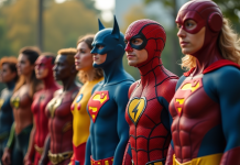 Groupe de personnes déguisées en héros de comics F en extérieur