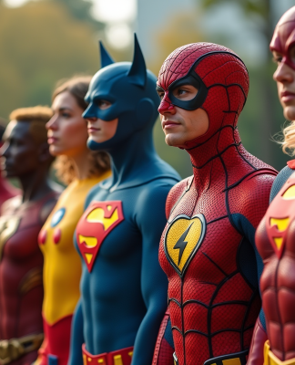 Groupe de personnes déguisées en héros de comics F en extérieur