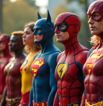 Groupe de personnes déguisées en héros de comics F en extérieur