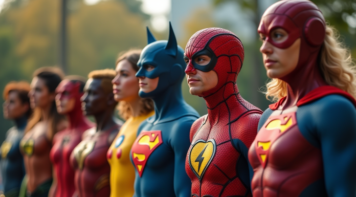 Groupe de personnes déguisées en héros de comics F en extérieur