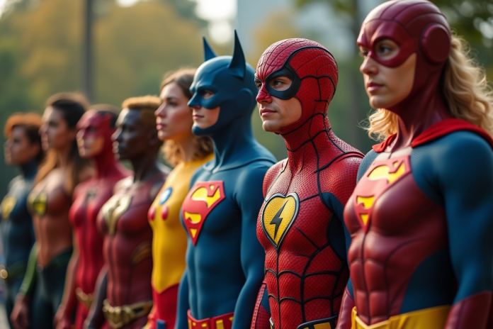 Groupe de personnes déguisées en héros de comics F en extérieur