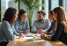 Groupe divers de professionnels collaborant dans un bureau lumineux