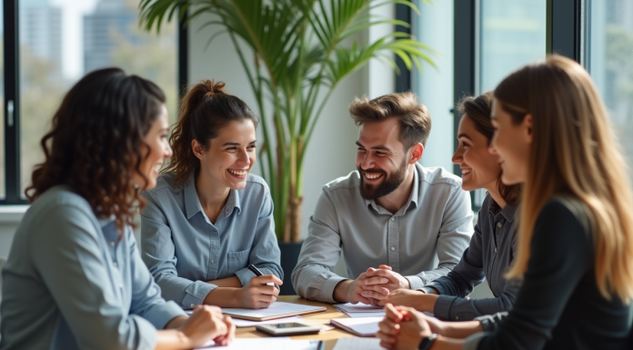 Groupe divers de professionnels collaborant dans un bureau lumineux