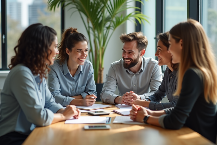 Groupe divers de professionnels collaborant dans un bureau lumineux
