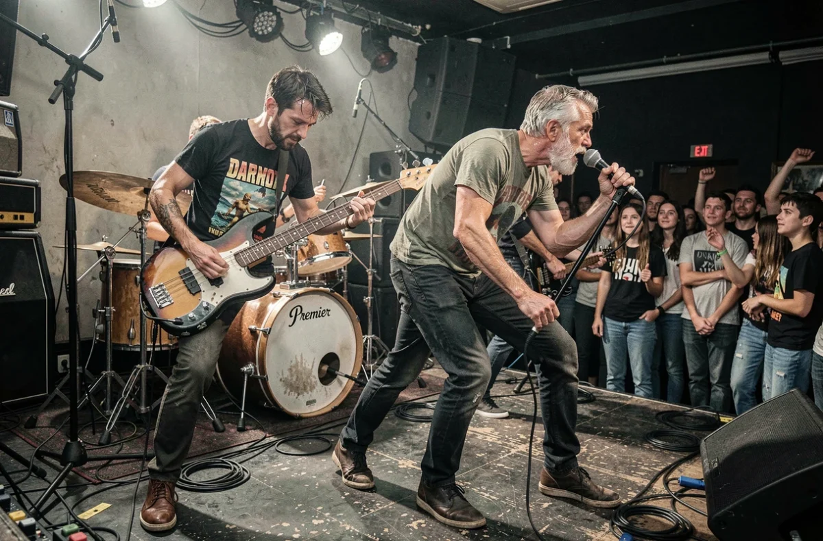 Groupe de rock français en concert dans une petite salle parisienne avec public et batterie sur scène