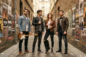 Groupe de rock français posant dans une ruelle parisienne avec guitare électrique et affiches de concerts