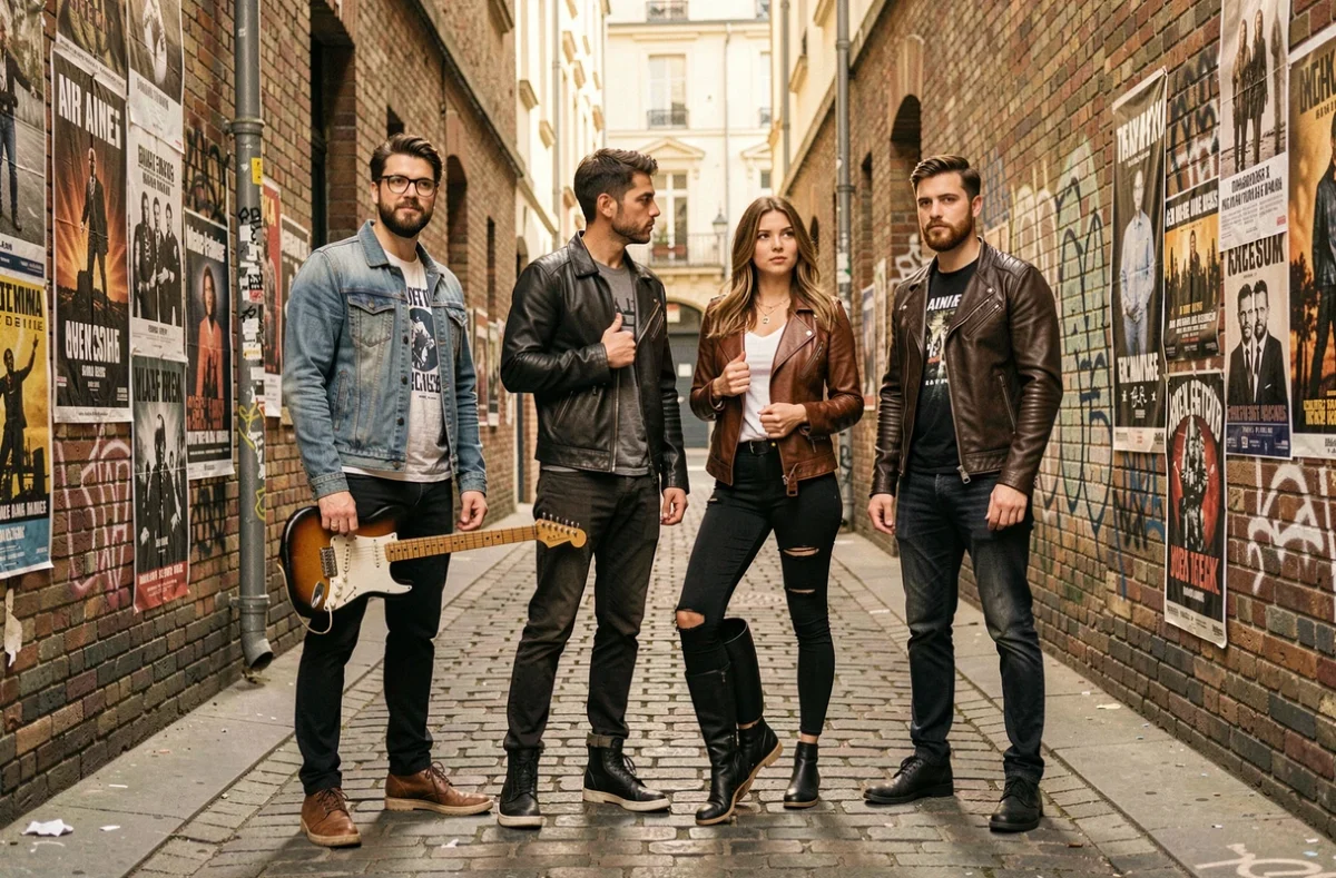 Groupe de rock français posant dans une ruelle parisienne avec guitare électrique et affiches de concerts