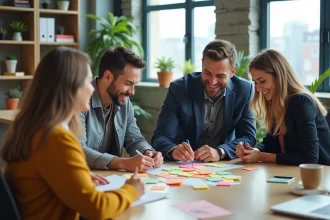 Groupe de quatre collègues souriants autour d'une table de travail