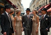 Groupe de jeunes et d'adultes en tenues années 1920 à Paris
