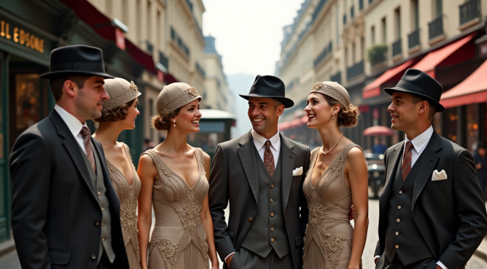 Groupe de jeunes et d'adultes en tenues années 1920 à Paris