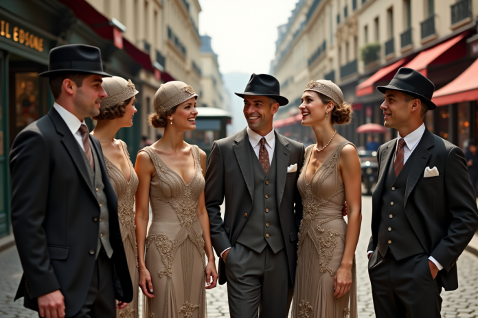 Groupe de jeunes et d'adultes en tenues années 1920 à Paris