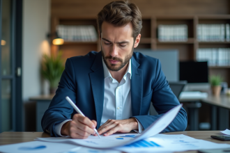 Jeune homme en costume bleu analysant des graphiques financiers