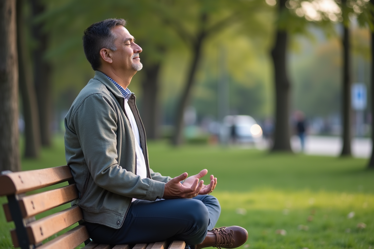 Homme méditant assis sur un banc dans un parc urbain calme