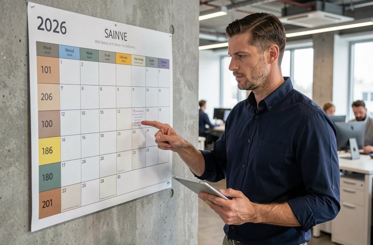 Homme en bureau pointant un calendrier mural 2026 avec numéros de semaines paires et impaires