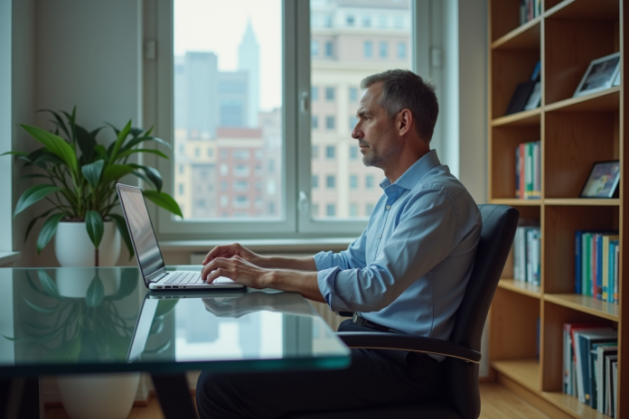 Homme d'âge moyen dans un bureau à domicile moderne