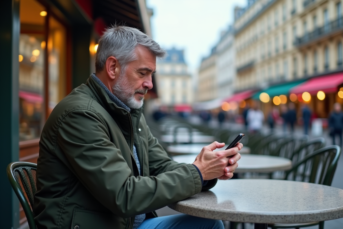 Homme décontracté utilisant une application de voyage au café parisien