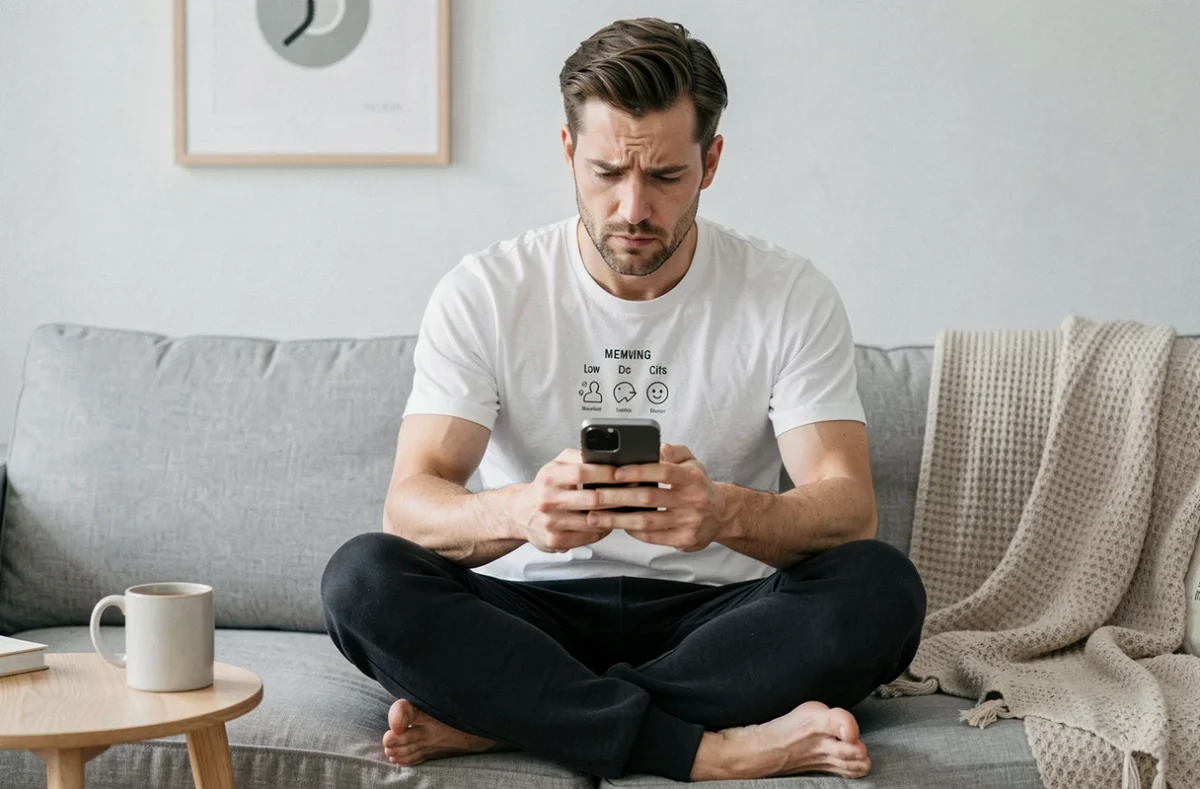 Homme pensif sur un canapé lisant la signification des emojis sur son téléphone dans un salon minimaliste