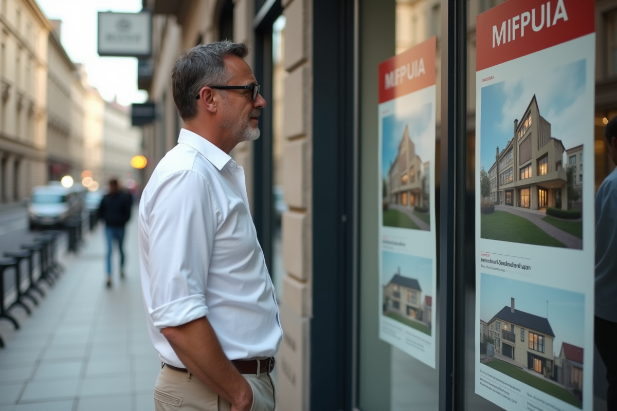 Homme regarde annonces immobilières devant agence urbaine