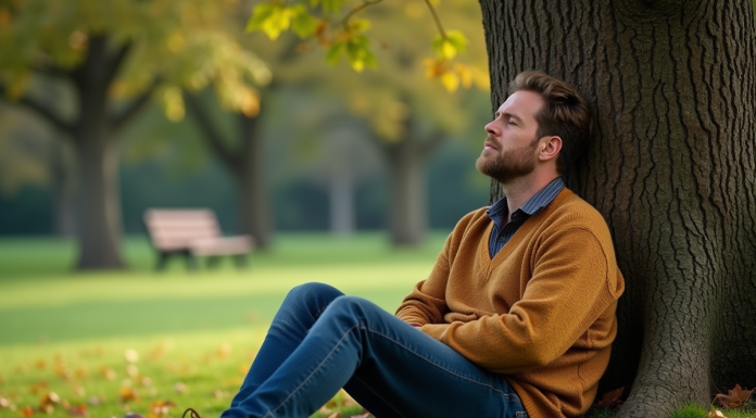 Homme d'âge moyen dormant sous un noisetier dans un parc