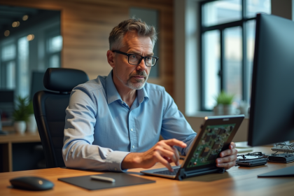 Homme d'âge moyen travaillant sur un circuit imprimé dans un bureau moderne