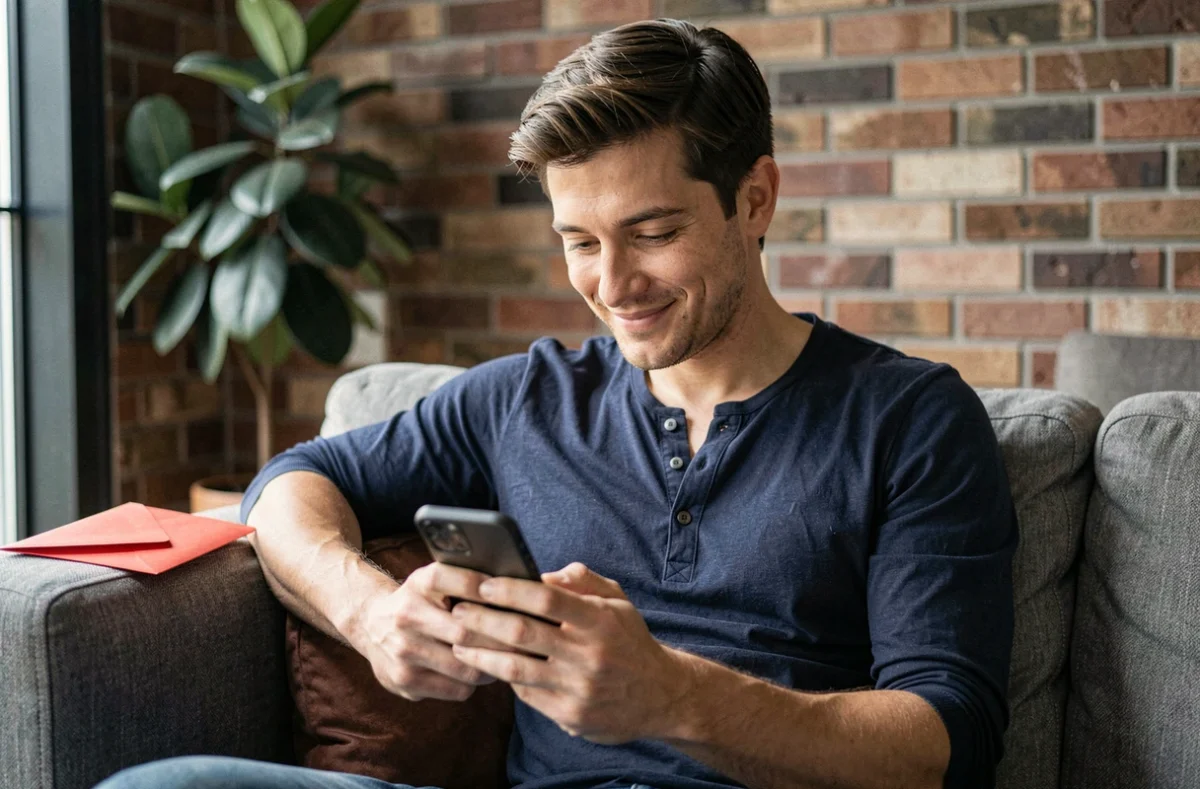 Homme souriant en train de taper un message d'amour pour la Saint-Valentin sur son smartphone dans un salon moderne