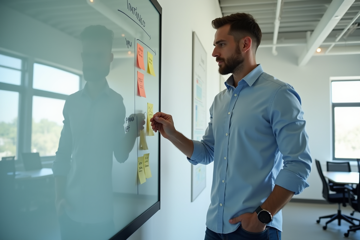 Homme en réunion organise des notes sur whiteboard