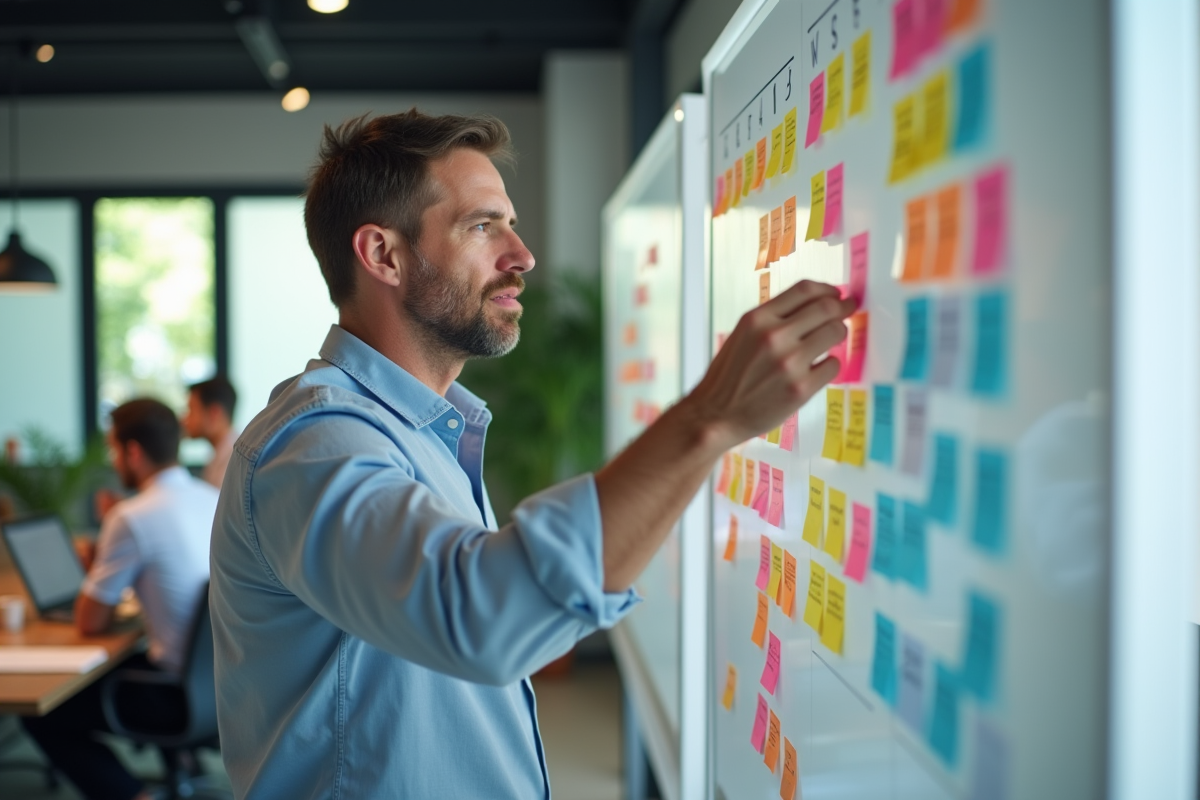 Homme en réunion collant des notes colorées sur un tableau blanc