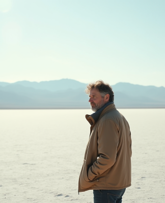 Homme pensif au bord d'une plaine de sel vaste et silencieuse