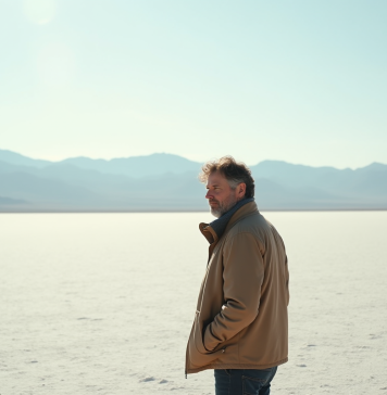 Homme pensif au bord d'une plaine de sel vaste et silencieuse