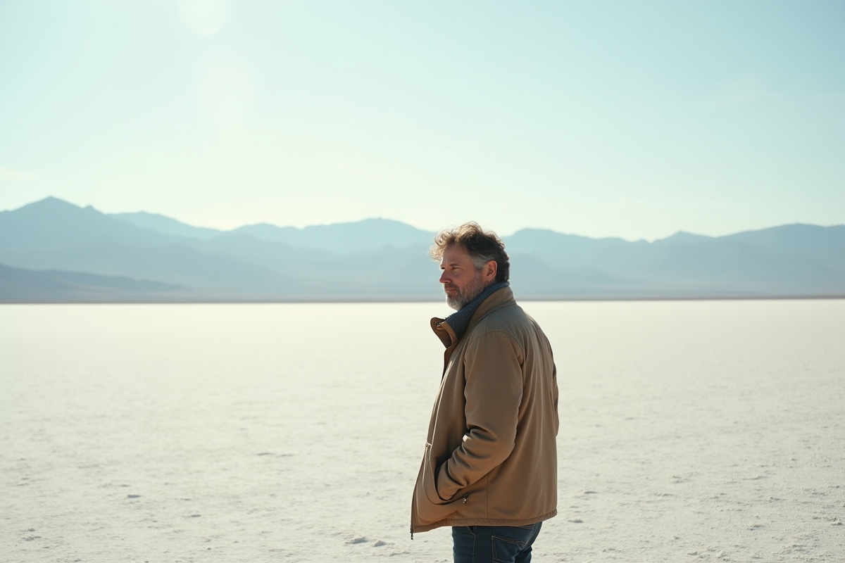 Homme pensif au bord d'une plaine de sel vaste et silencieuse