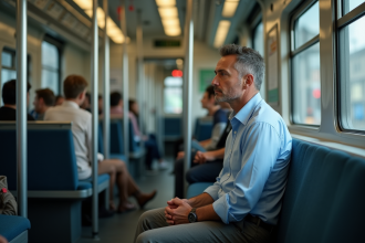 Homme d'âge moyen seul dans un train bondé regardant par la fenêtre