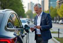 Voiture hybride : est-elle vraiment rentable ? Avantages et critères à connaître Homme d'âge moyen près d'une voiture hybride en ville