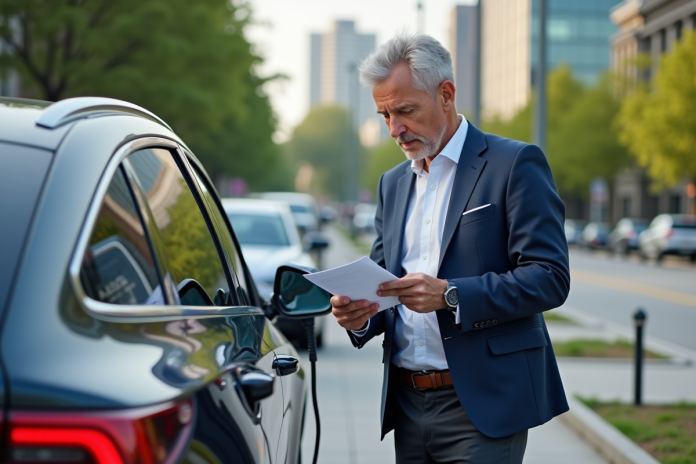 homme-voiture-hybride-chargeur Homme d'âge moyen près d'une voiture hybride en ville