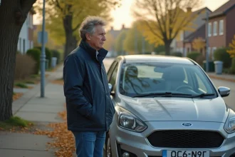 Homme d'âge moyen près de sa voiture en ville