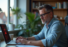 Homme d'âge moyen regardant un avertissement VPN au bureau