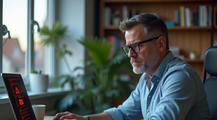 Homme d'âge moyen regardant un avertissement VPN au bureau