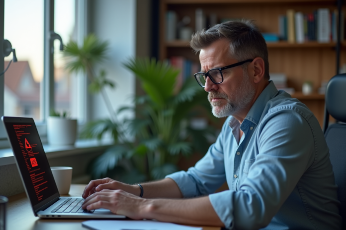 homme-vpn-warning-bureau Homme d'âge moyen regardant un avertissement VPN au bureau