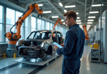 Ingénieur automobile observant une voiture électrique en fabrication