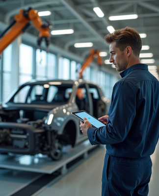 Ingénieur automobile observant une voiture électrique en fabrication