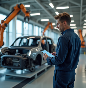 Futur industrie automobile : prévisions principales à 5 ans Ingénieur automobile observant une voiture électrique en fabrication