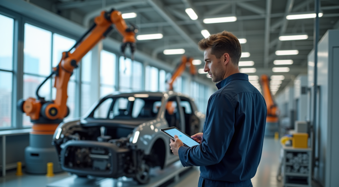 Ingénieur automobile observant une voiture électrique en fabrication