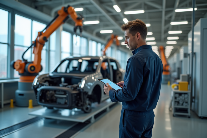 Ingénieur automobile observant une voiture électrique en fabrication