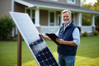 Homme inspectant un panneau solaire dans un jardin