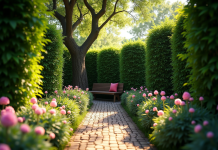 Coin de jardin secret avec banc en bois et fleurs en pleine floraison