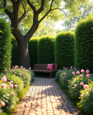 Coin de jardin secret avec banc en bois et fleurs en pleine floraison