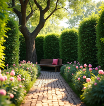 Coin de jardin secret avec banc en bois et fleurs en pleine floraison