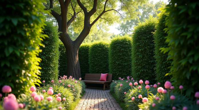 Coin de jardin secret avec banc en bois et fleurs en pleine floraison